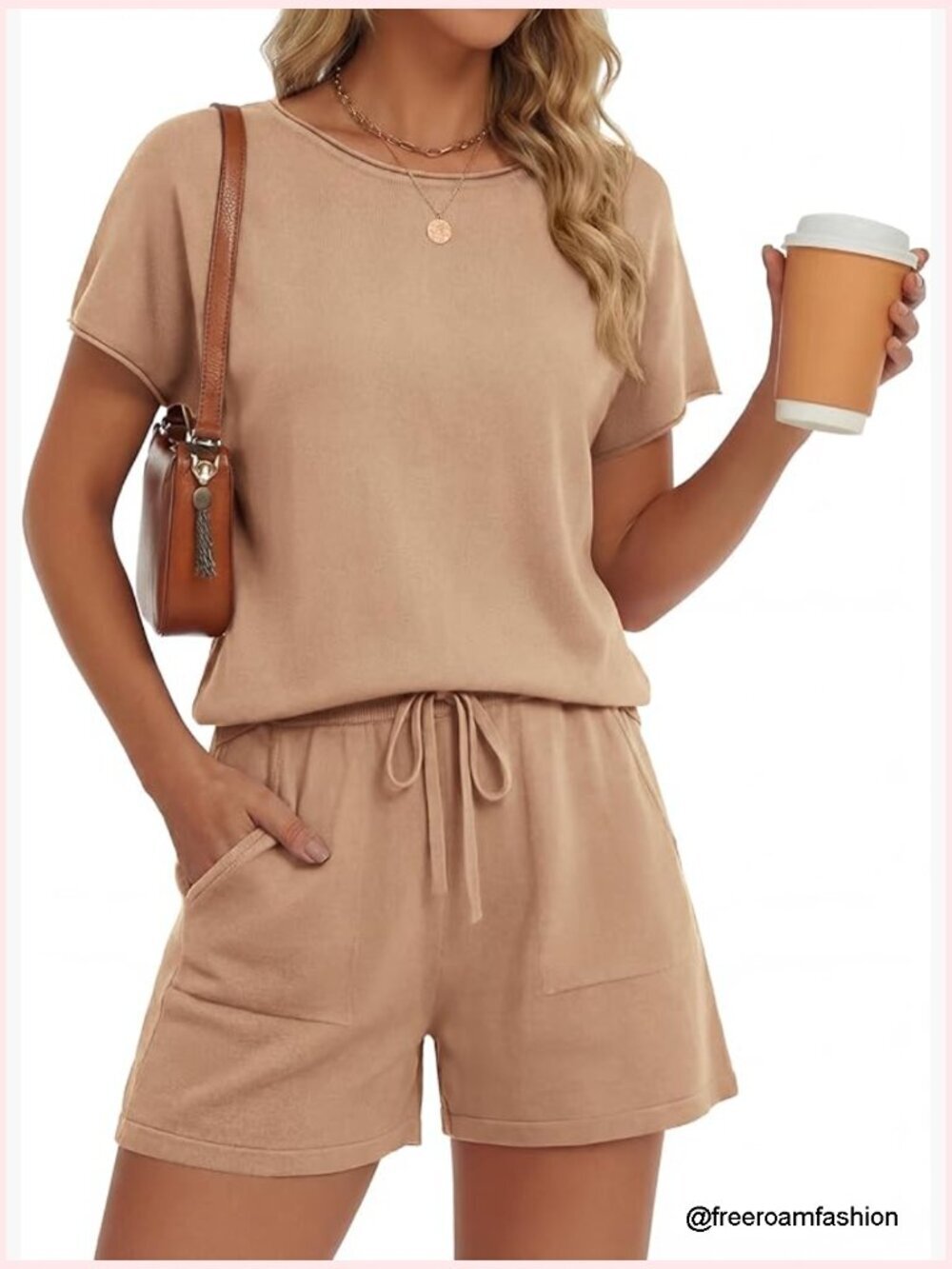 Two Piece Lounge Set Short Sleeve Top & Shorts Women Summer Knit Travel